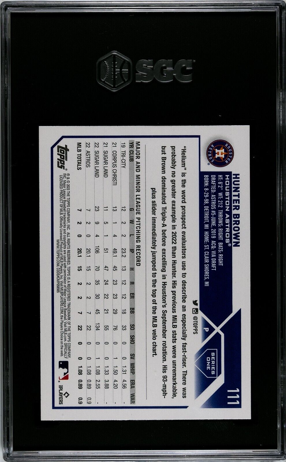 2023 Topps Series 1 Hunter Brown #111 RC SGC 9 Houston Astros