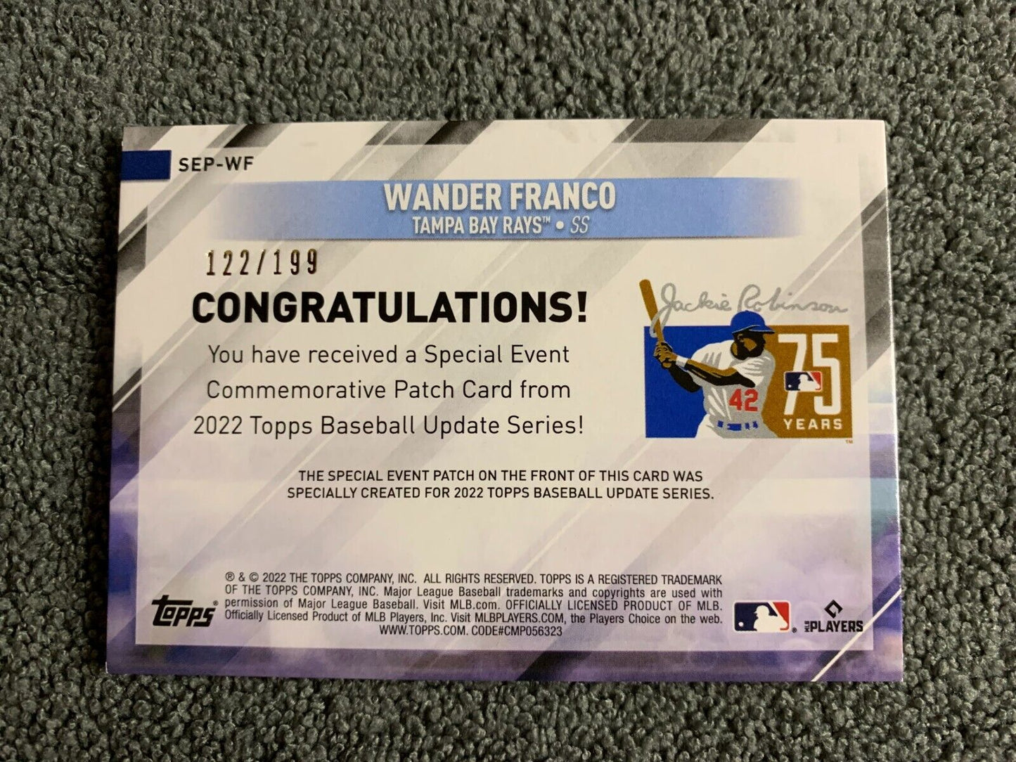 2022 Topps Update Wander Franco Jackie Robinson Patch Relic Black 122/199 NM/MT