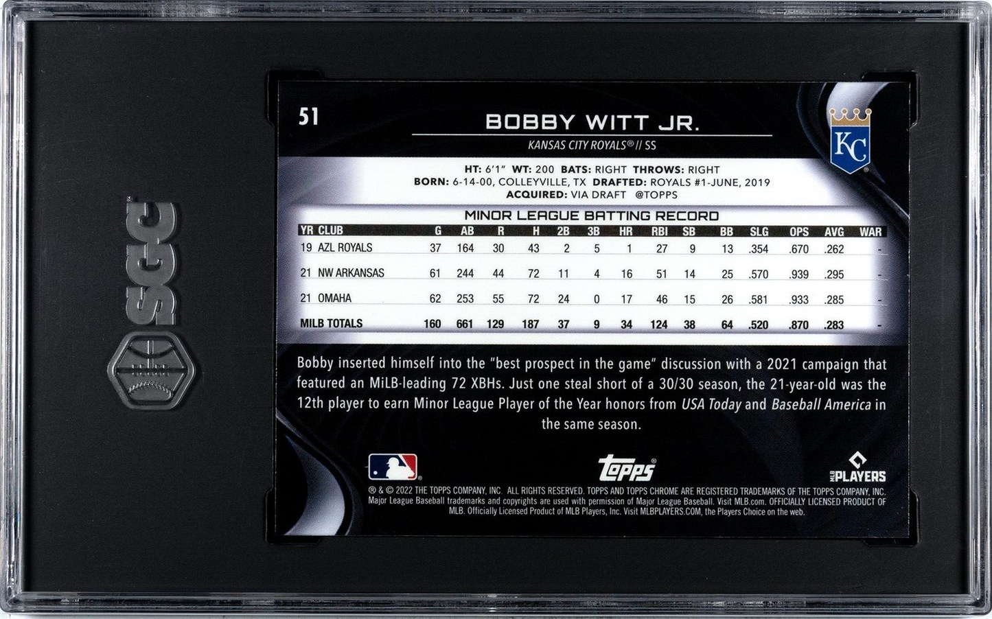 2022 Topps Chrome Black #51 Bobby Witt Jr. SGC 10GM