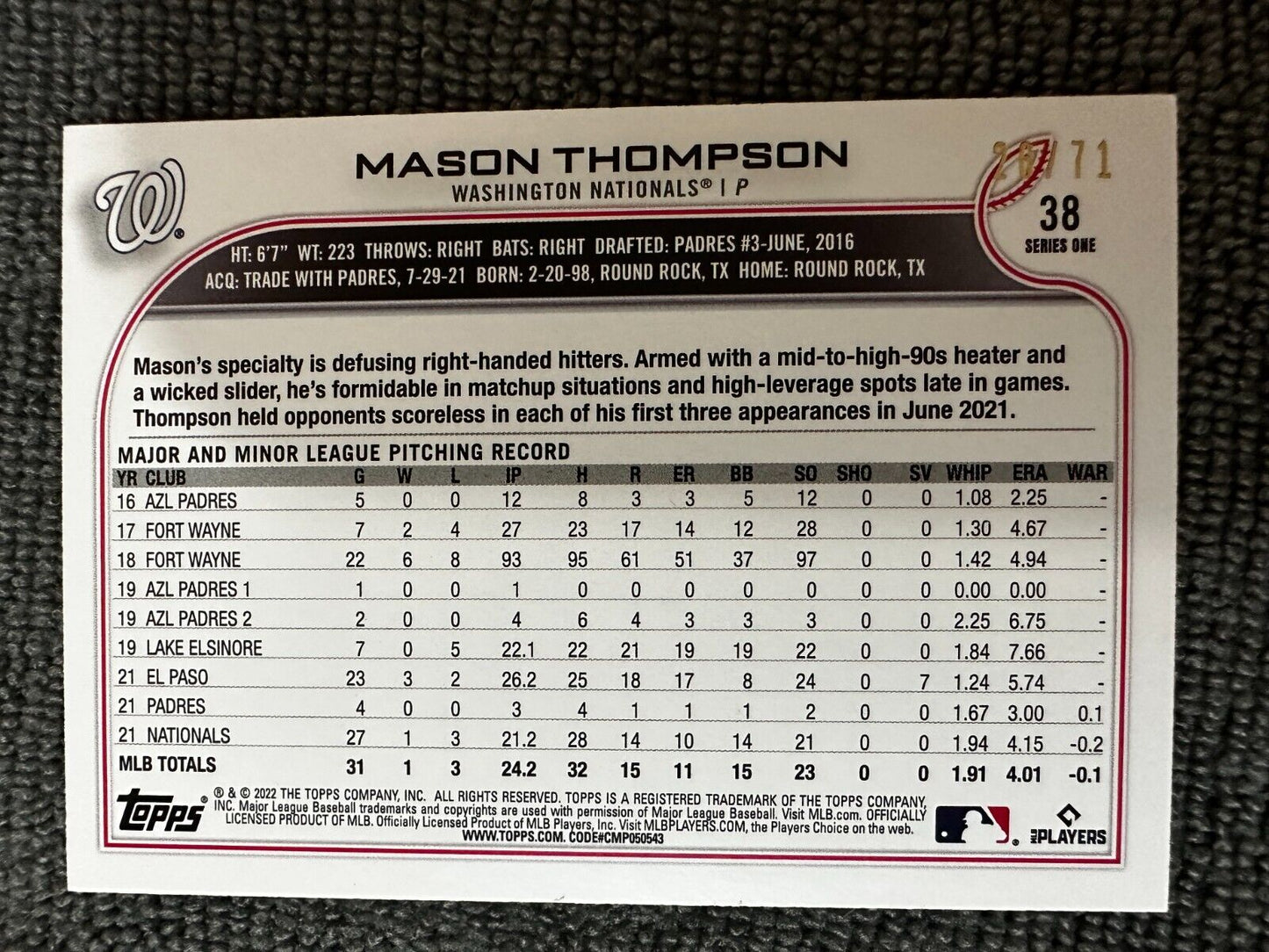 2022 Topps Series 1 Mason Thompson Black 26/71