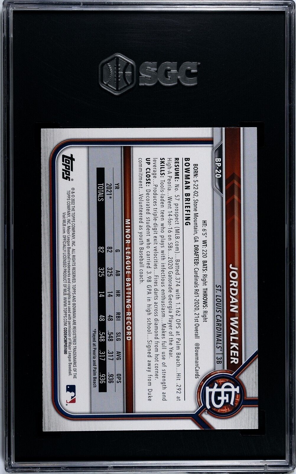 2022 Bowman Prospects Jordan Walker BP-20 SGC 10GM St. Louis Cardinals SGC 10