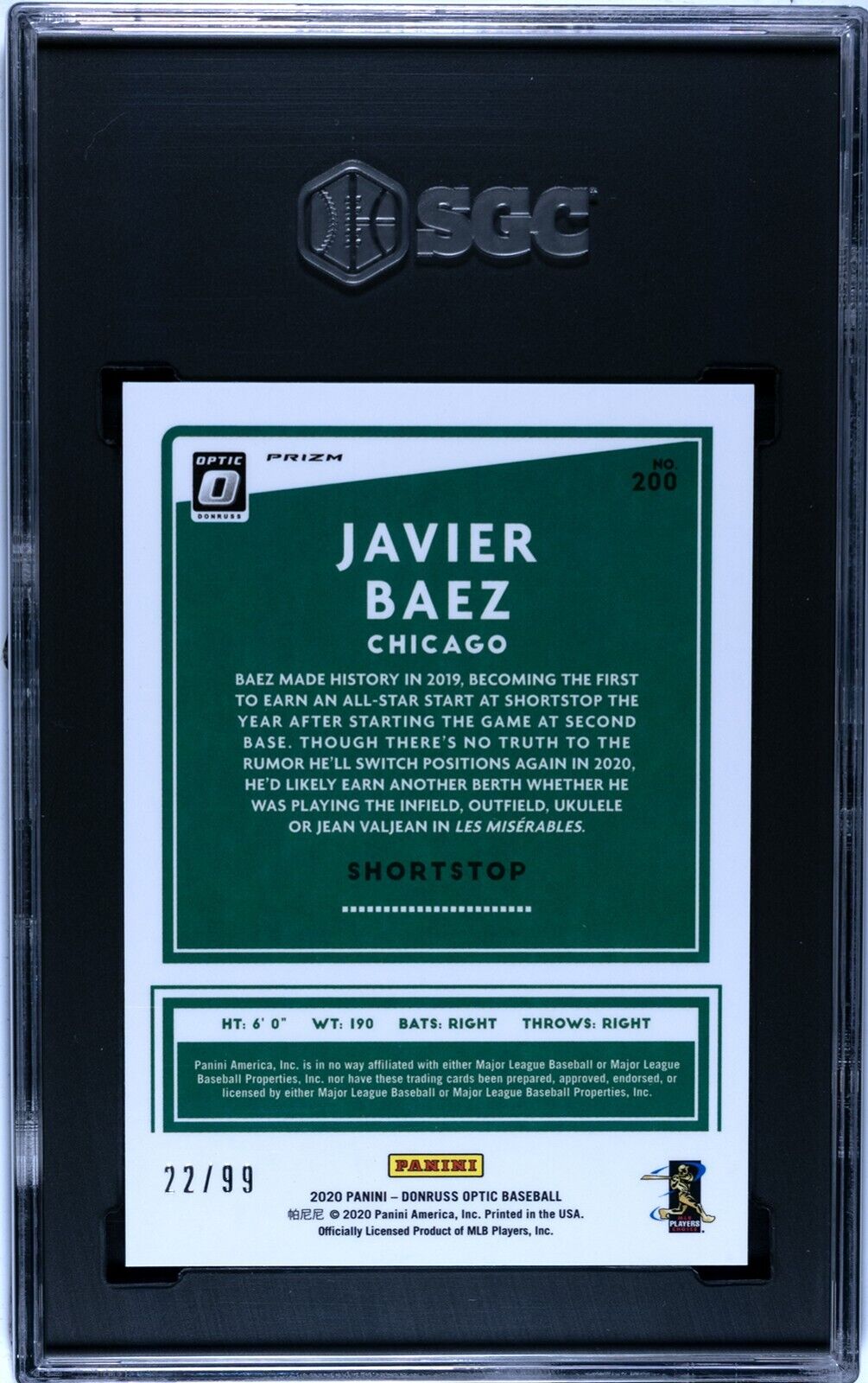 2020 Donruss Optic FOTL Javier Baez All Stars Pandora Prizm Blue 22/99 SGC 9.5MT