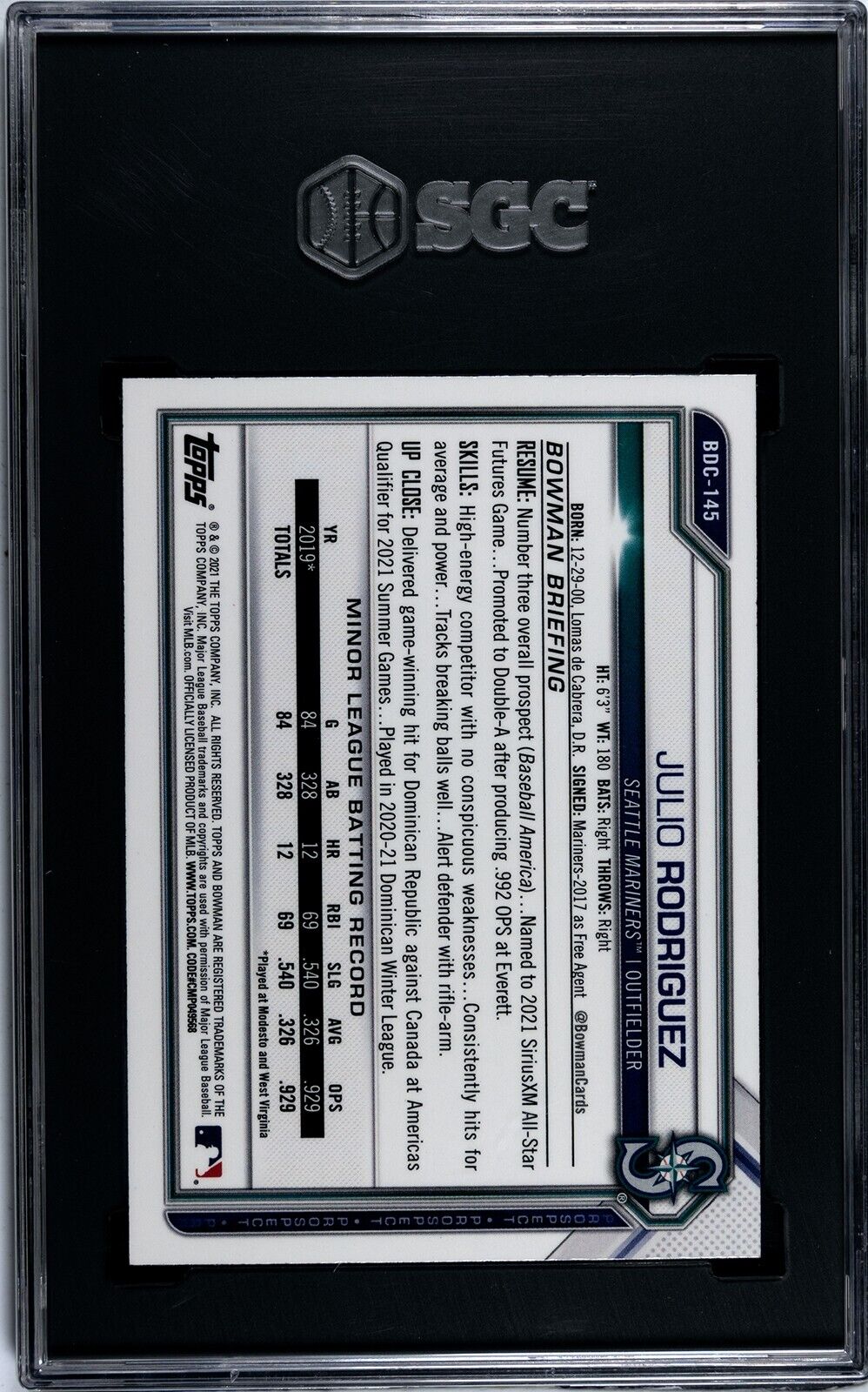 2021 Bowman Chrome Draft Julio Rodriguez BDC-145 SGC 9.5MT+ Seattle Mariners