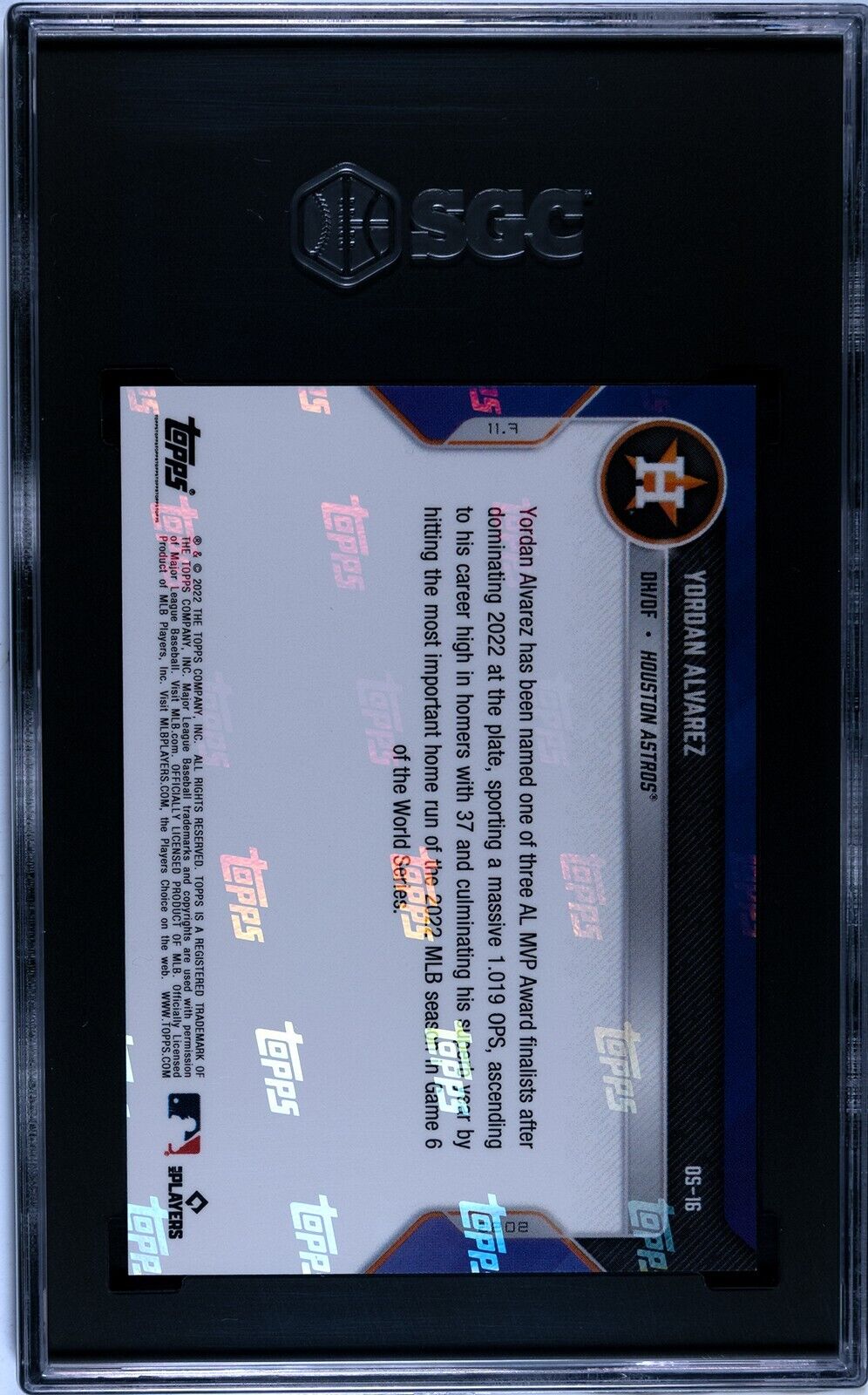 2022 Topps Now OS-16 Yordan Alvarez AL MVP Award Finalist 10/49 SGC 10GM