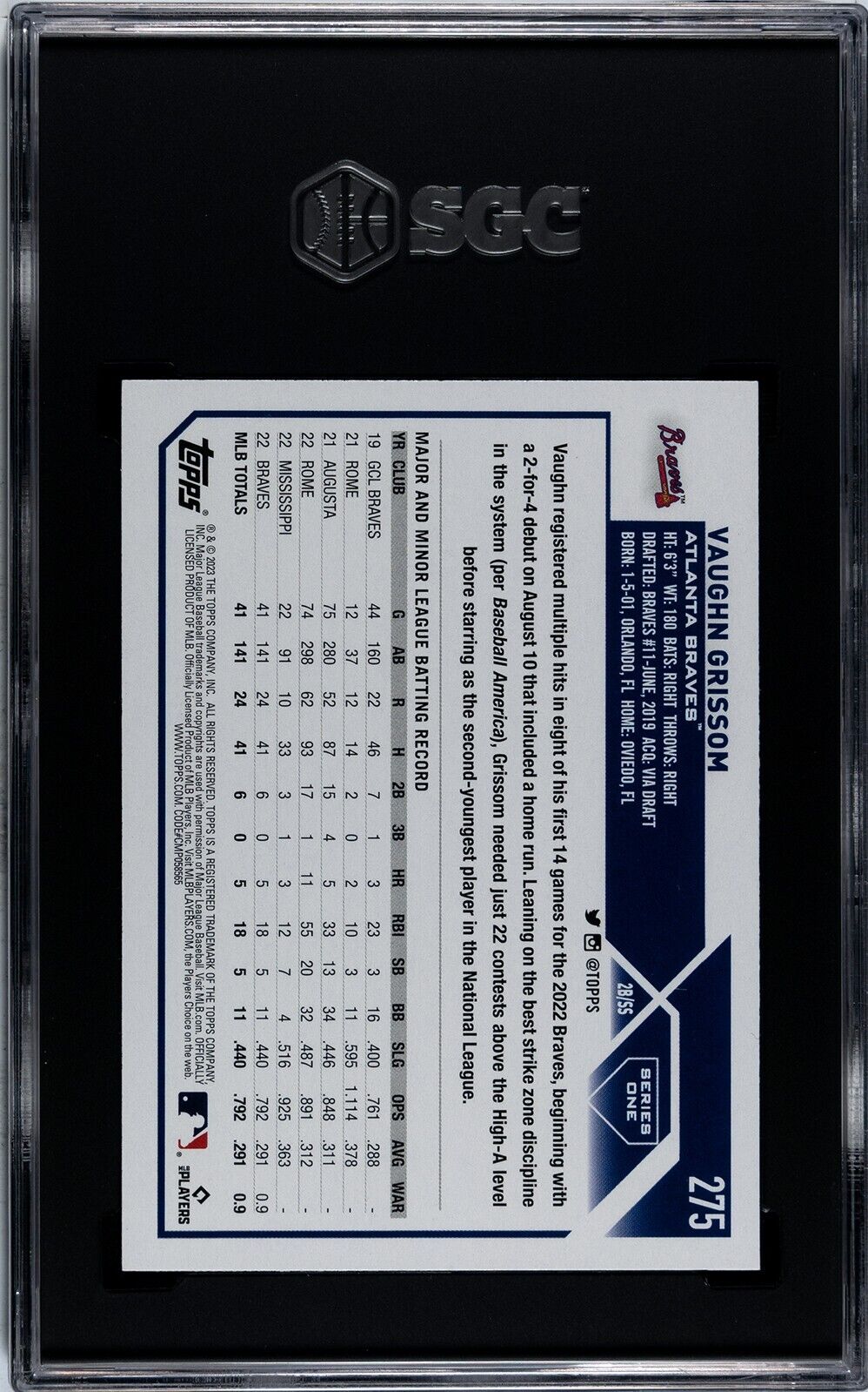2023 TOPPS SERIES 1 #275 VAUGH GRISSOM SGC 9.5 MT+ RC Atlanta Braves
