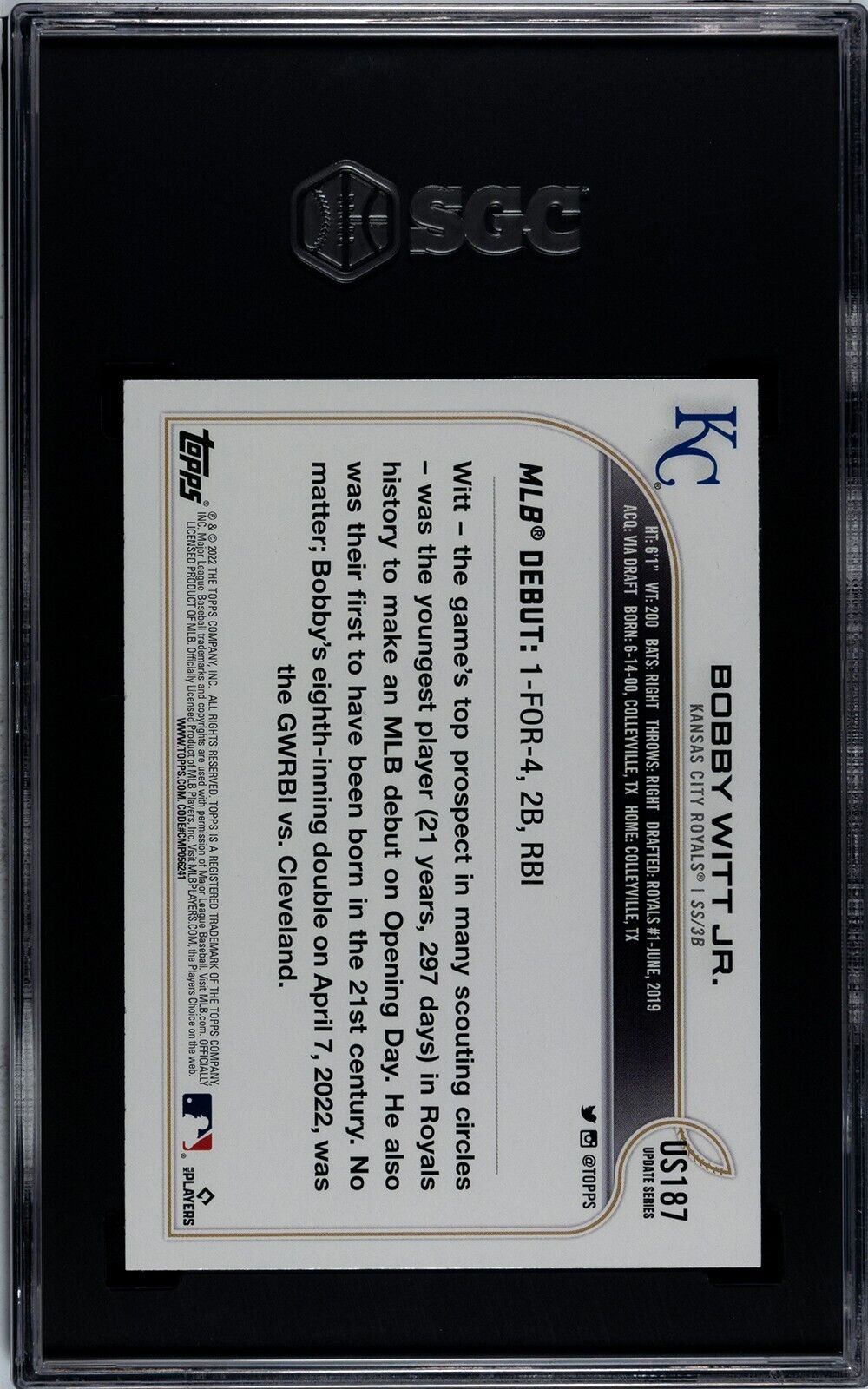2022 Topps Update Bobby Witt Jr. US187 Kansas City Royals SGC 9.5MT+