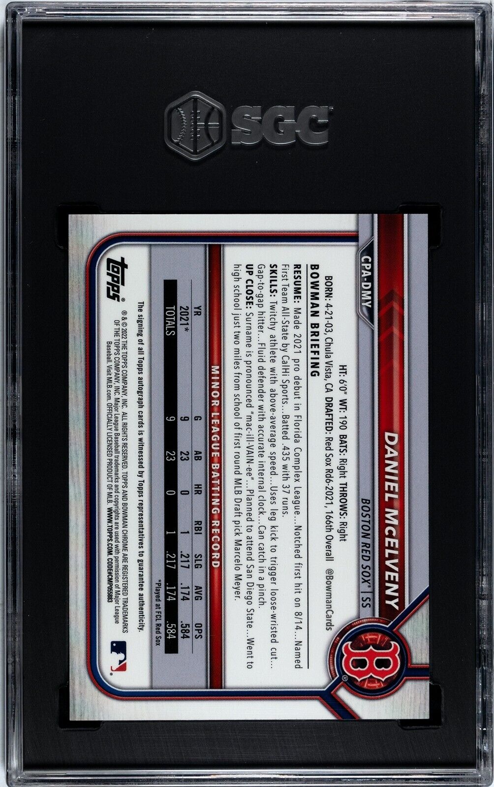 2022 Bowman Chrome CPA-DMY Daniel McElveny Auto SGC 9MT Boston Red Sox