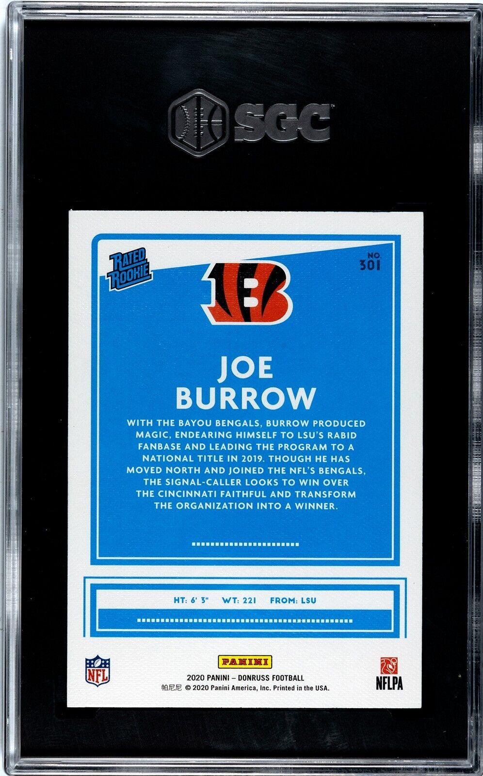 2020 Donruss Optic Rated Rookie Joe Burrow SGC 9.5 MT+ Bengals