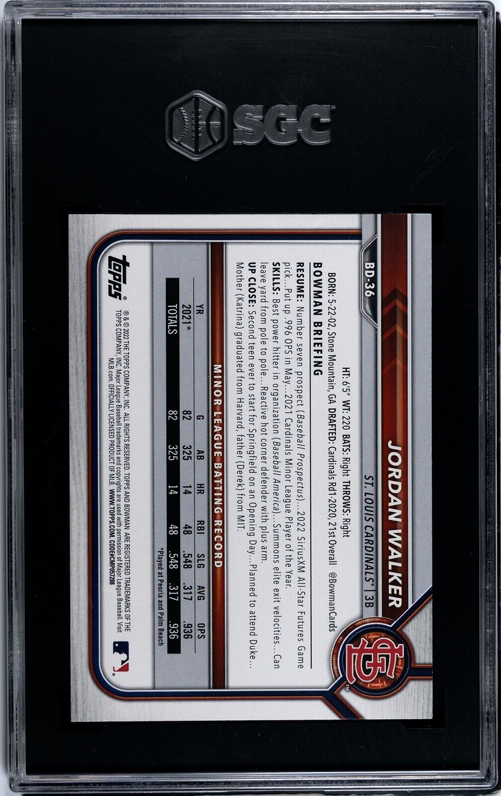 2022 Bowman Draft Jordan Walker Prospect SGC 10GM St. Louis Cardinals