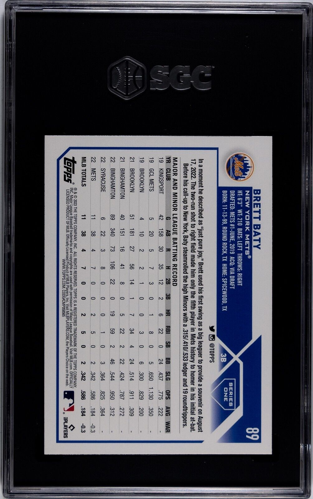 2023 Topps Series 1 Brett Baty RC #89  SGC 9.5 MT+ NY Mets
