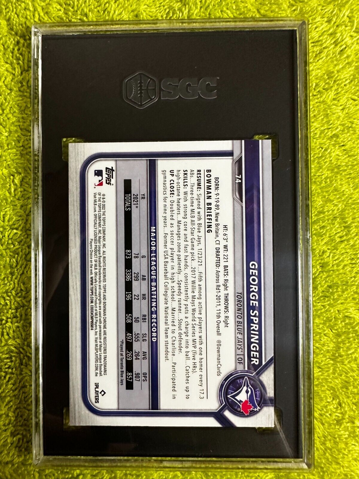2022 Bowman Chrome George Springer #74 SGC 9.5 Toronto Blue Jays