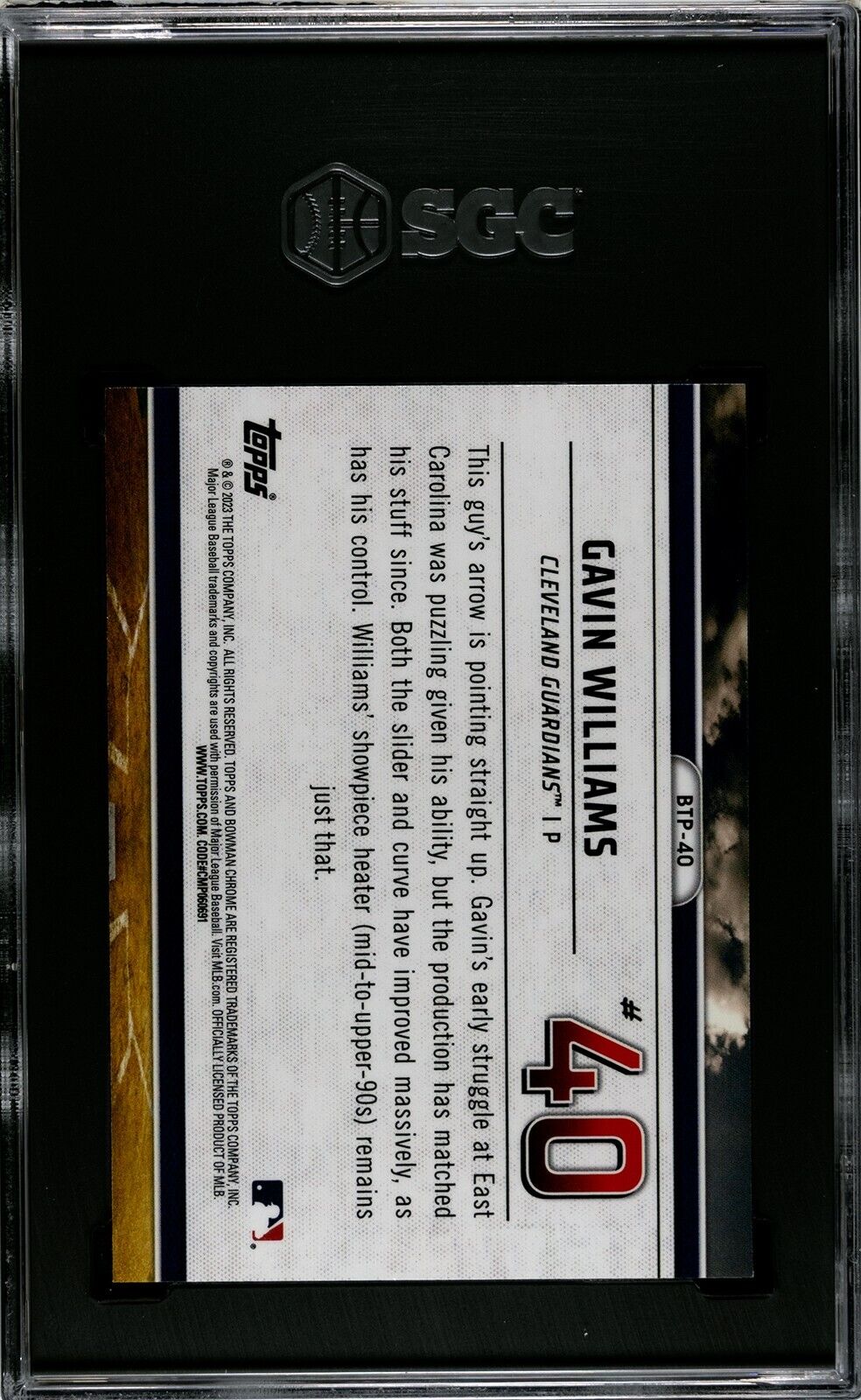2023 Bowman Gavin Williams Scouts Top Prospects BTP-40 SGC 10GM Guardians