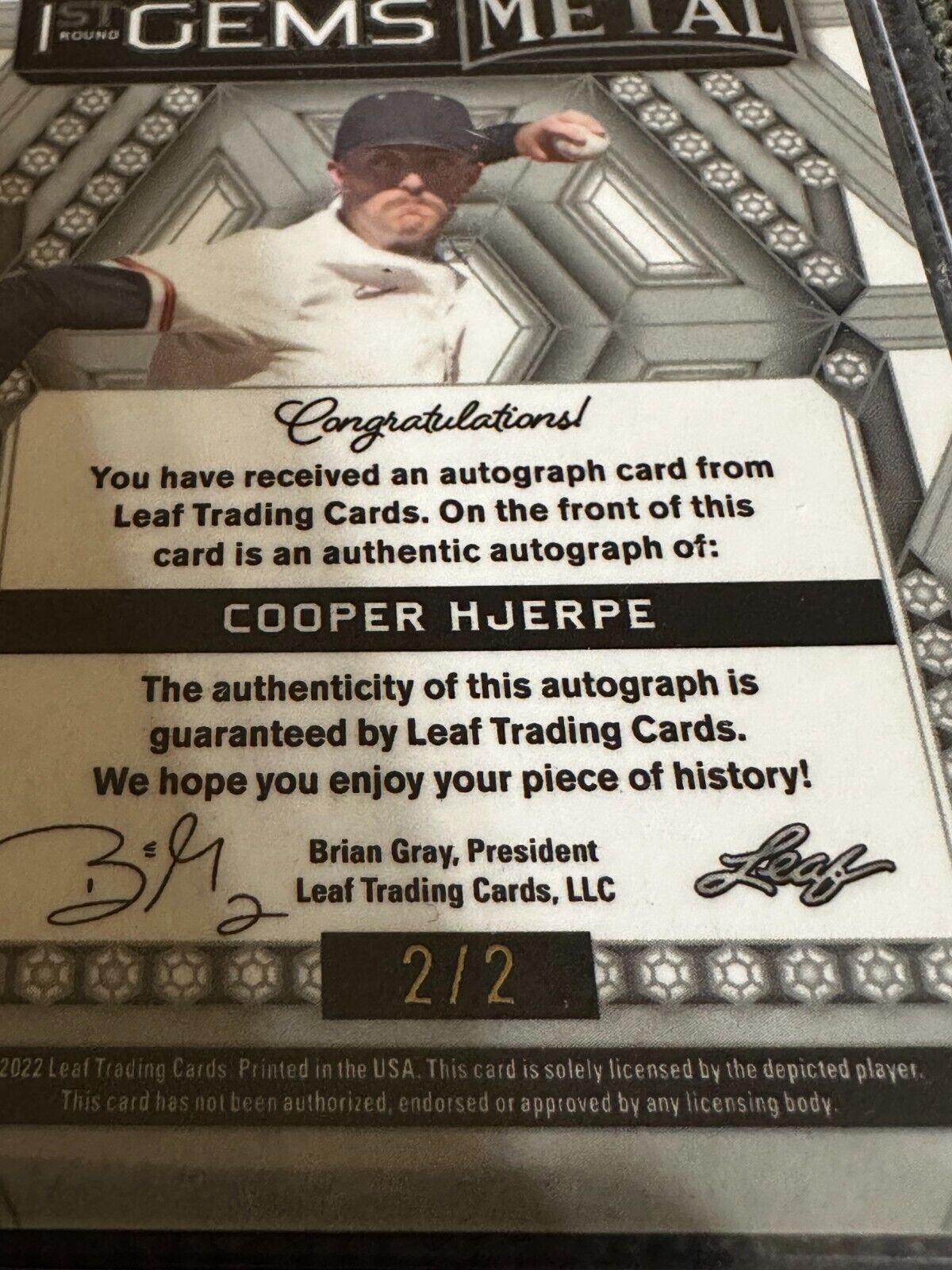 2022 Leaf Metal Draft 2/2 1st Round Gems Cooper Hjerpe St. Louis Cardinals