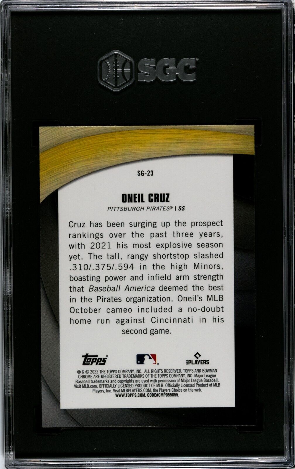 2022 Bowman Chrome Oneil Cruz Shades of Greatness #SG-23 SGC 9.5 Mint+ RC Rookie