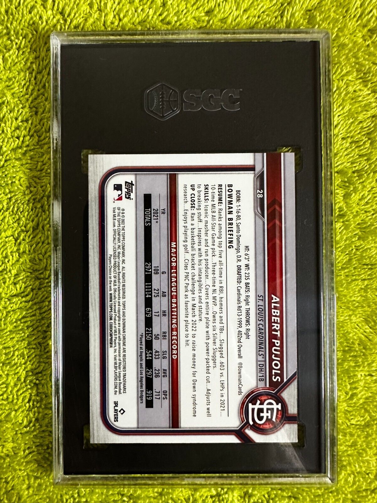 2022 Bowman Chrome #28 Albert Pujols SGC 10GM