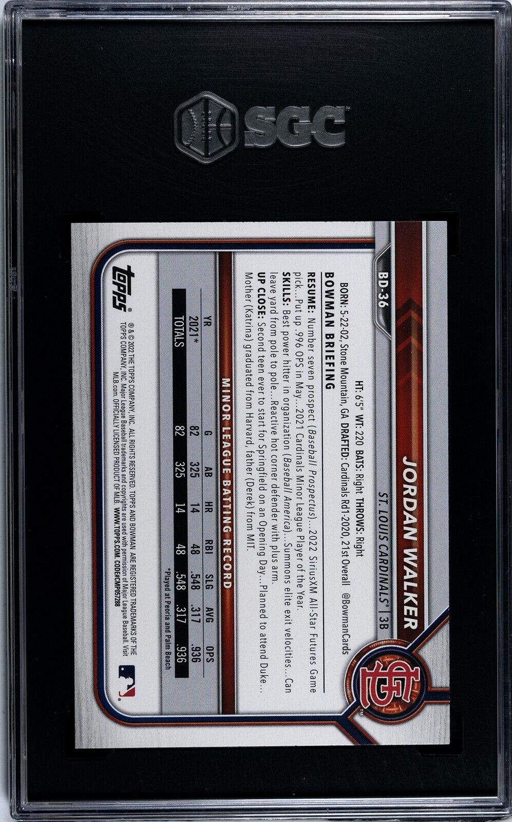 2022 Bowman Draft Jordan Walker BD-36 SGC 9.5MT+ St. Louis Cardinals