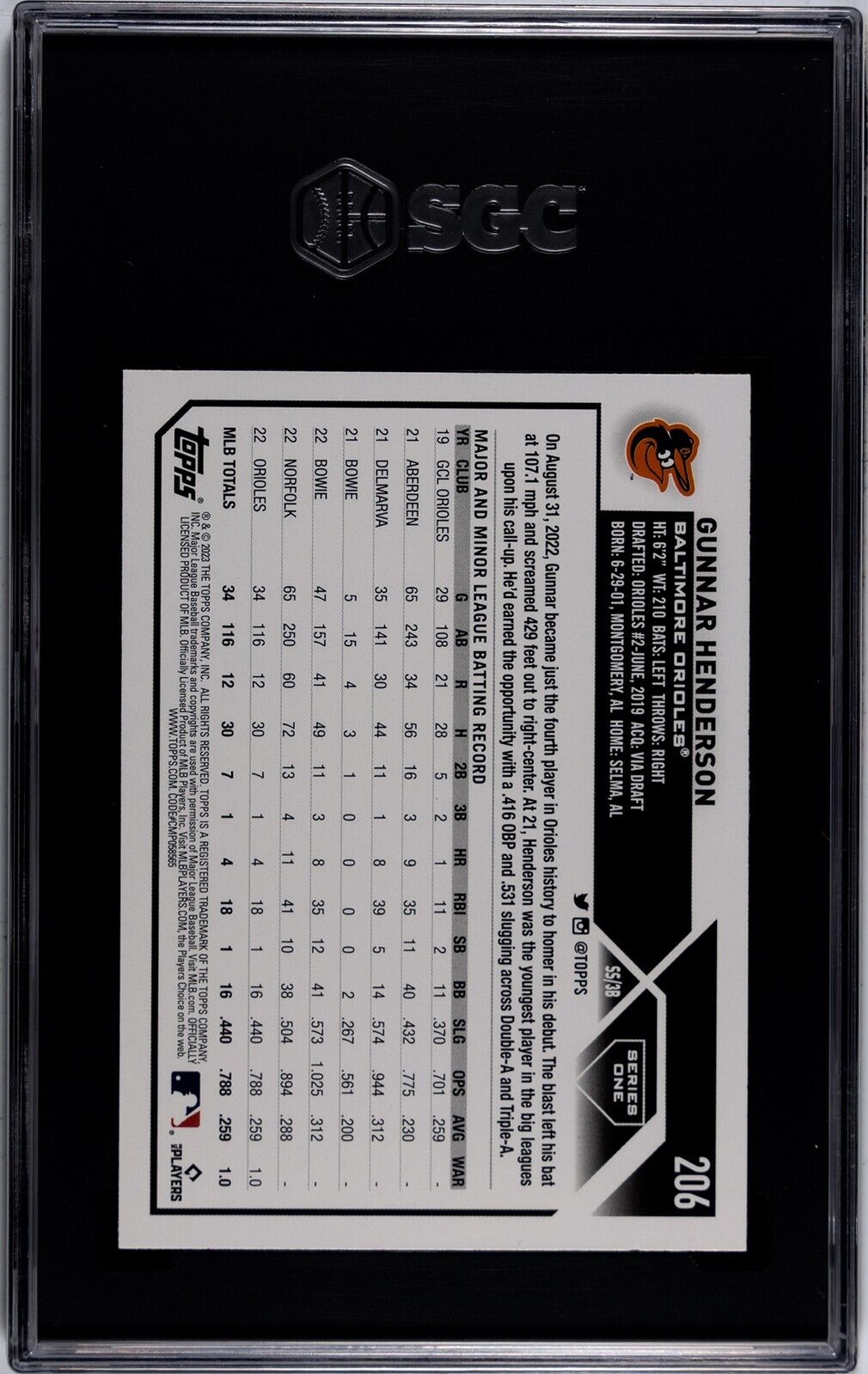 2023 Topps Series 1 Gunnar Henderson Rookie RC #206 Orioles SGC 9.5
