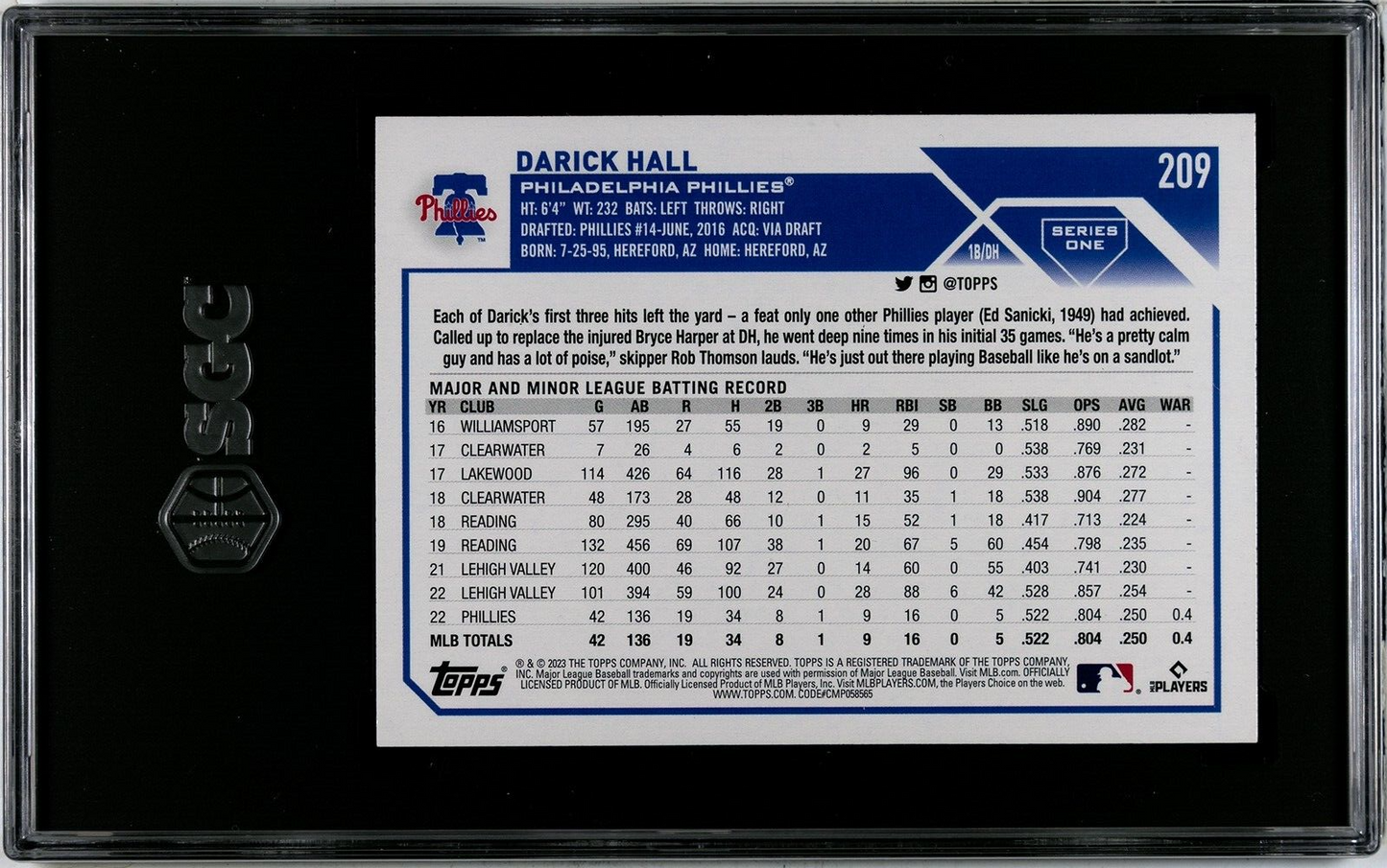 2023 Topps Series 1 Darick Hall Rainbow Foil SGC 9.5MT+ Phillies